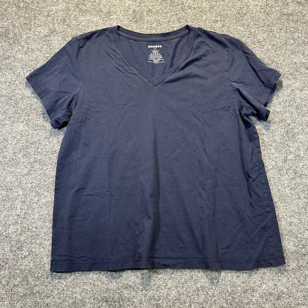 Bombas V-Neck T-Shirt Women Large Navy Blue Pima Cotton Classic Minimalist Tee